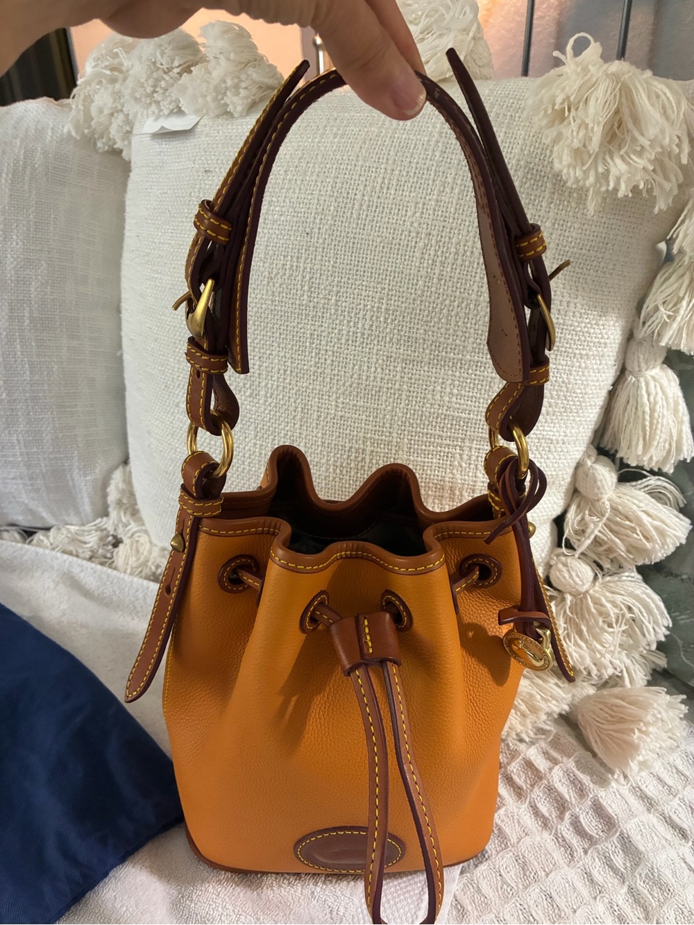NWT Dooney Leather Drawstring Bucket Bag in Mustard